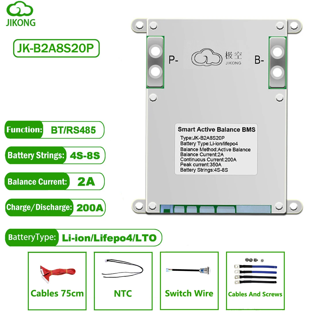 

JK BMS SMART 2A Active Balance JK-B2A8S20P Lifepo4 Battery 4S 12V 5S 6S 7S 8S 24V 200A 18650 Li-ion RS485 LCD Camping Home Ebike