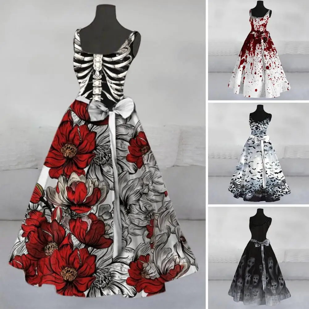 

Women Cocktail Dress Ghost Print Halloween Dress for Women A-line Flared Tunic with Belt Cosplay Costume Wedding Guest Attire
