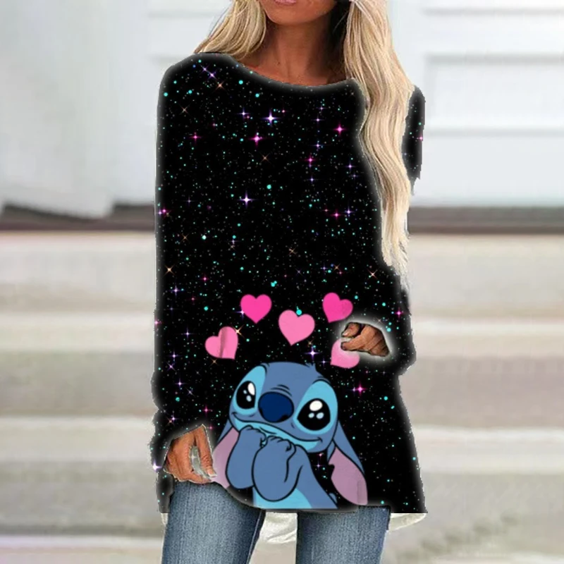 

2022 New Disney Brand Stitch and Mickey Anime Summer Women's Casual Crew Neck Loose Long Sleeve T Shirt Kawaii Streetwear Top