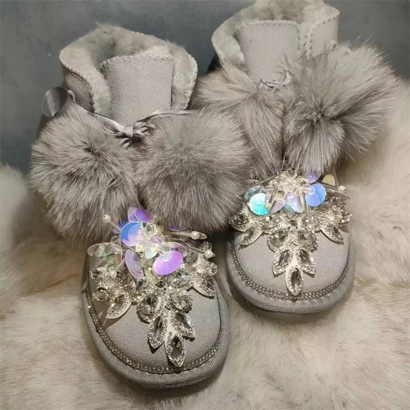 

Hairball hand custom winter plus fleece warm boots sequin rhindiamonds beaded fur one-piece boots women's 35-39