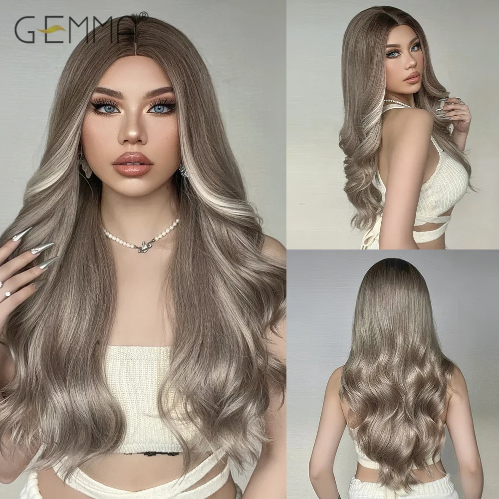 

Blonde Highlight Synthetic Wig Long Wavy Ash Gray Ombre Wigs Natural Wave Cosplay Daily Hair for Women Afro Heat Resistant Fibre