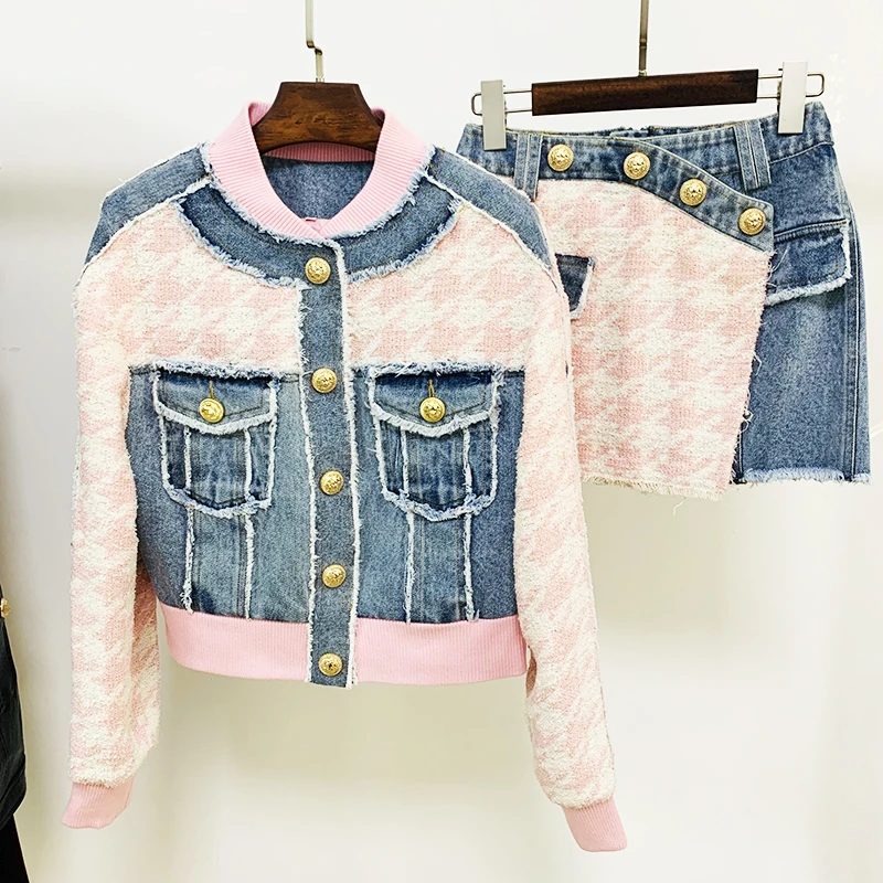 

Newest 2023 Designer Suit Set Women's Lion Buttons Houndstooth Tweed Denim Patchwork Tassel Fringed Jacket Mini Skirt Set 2PCS