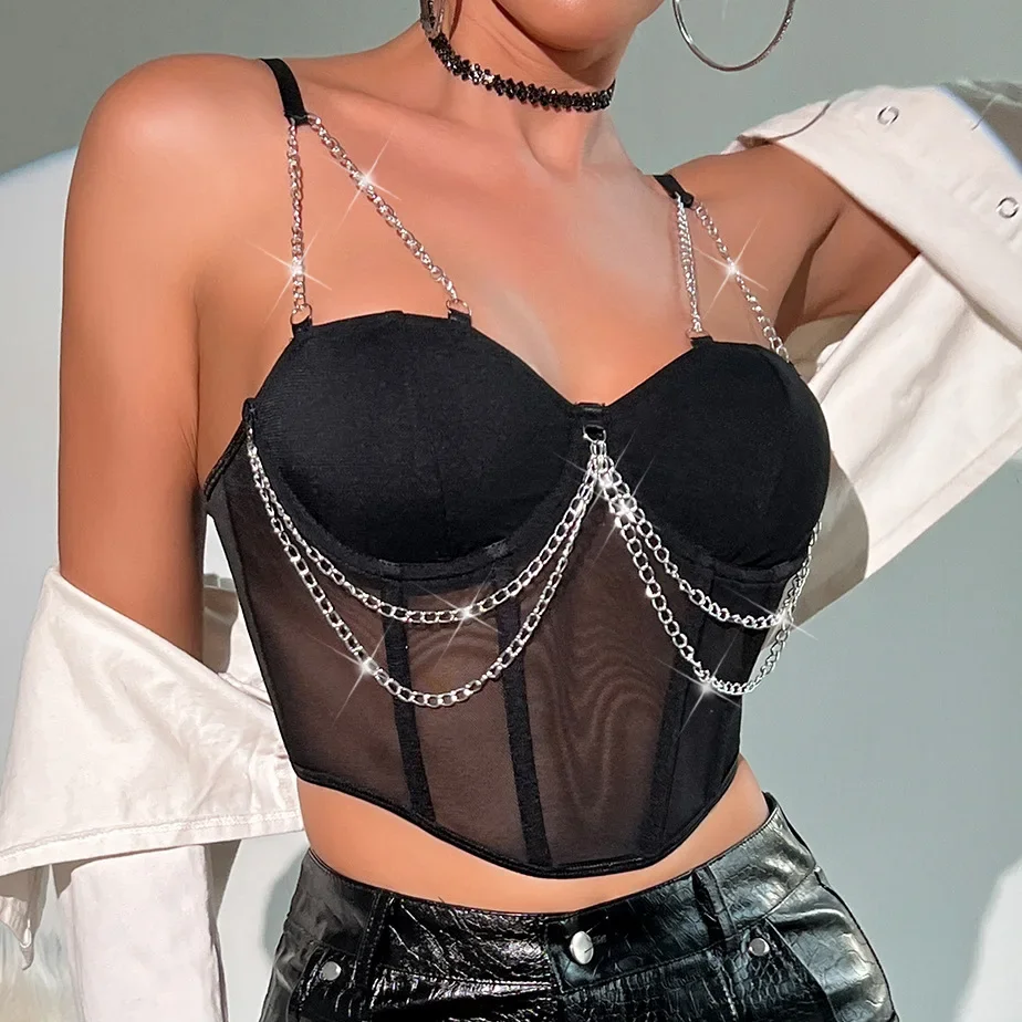 

2024 Summer New perspective mesh splicing metal chain suspender sexy spicy girl fishbone short solid tank top CYDZ9837