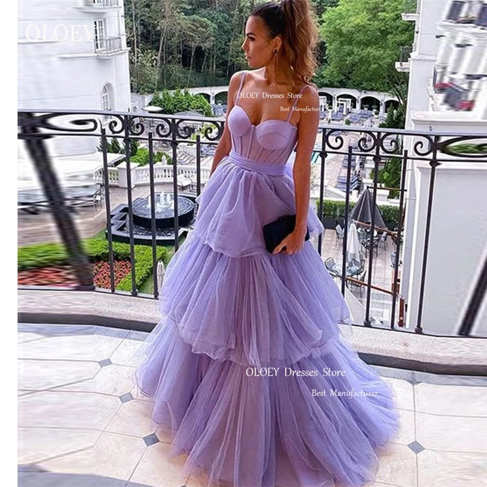 

OLOEY Princess Lavender Tulle Layered Prom Dresses Spaghetti Straps Sweetheart Long Evening Gowns Women Formal Party Dress