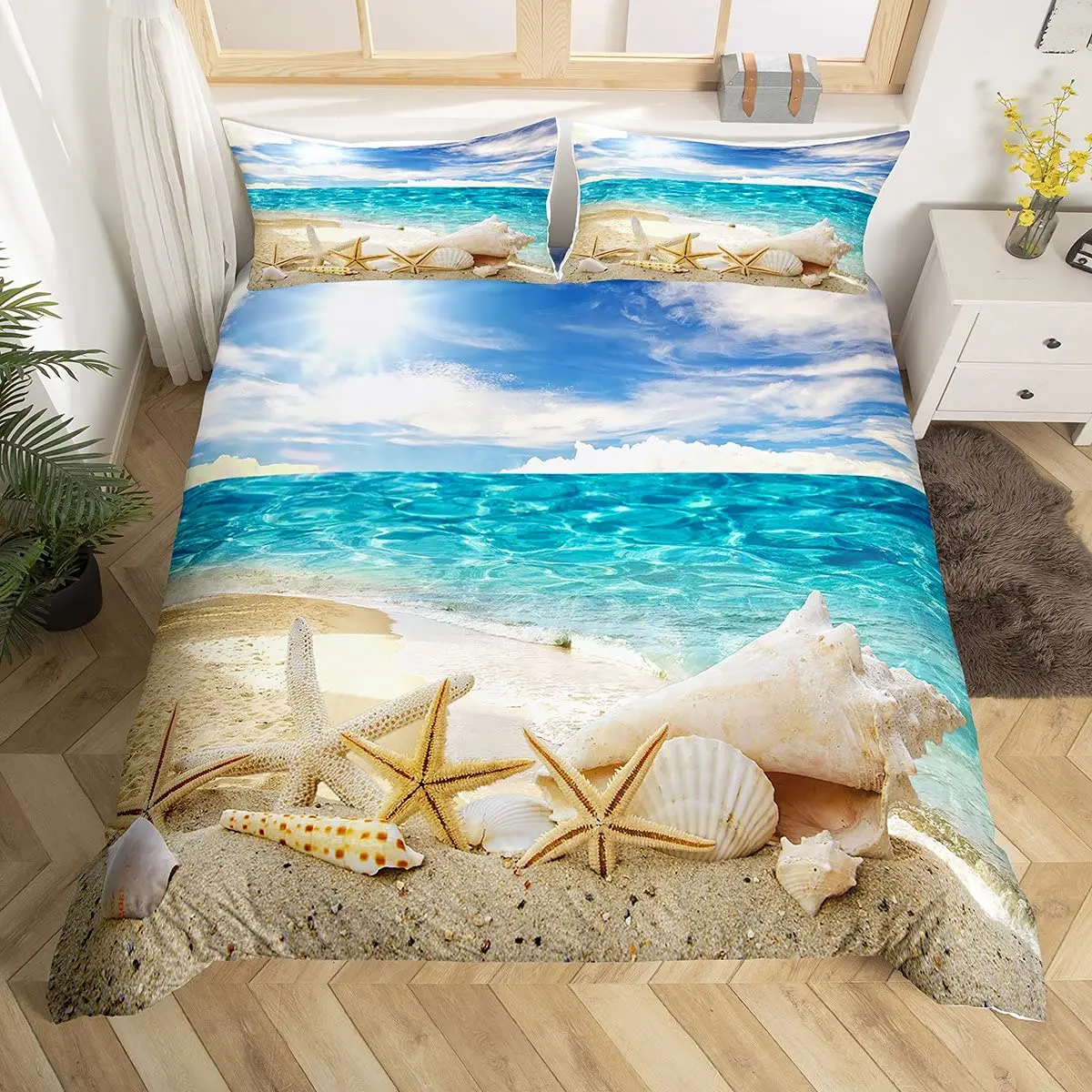 

Ocean Duvet Cover Starfish Summer Beach Seashell Bedding Set for Kids Adults Hawaiian Vacation Tropical Nature Sea Themed Decor