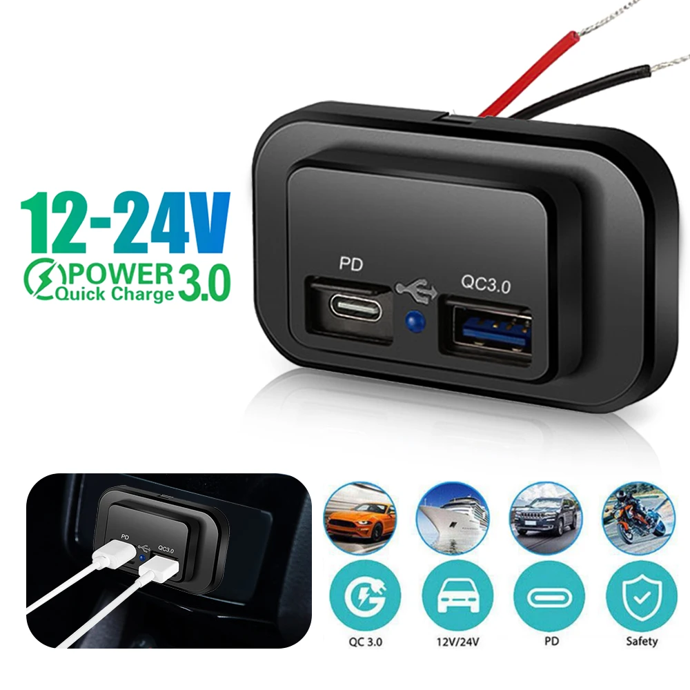 

PD+QC3.0 Dual USB Panel Phone Charger Socket 12V/24V 3.1A 4.8A Quick Charge Outlet Power Adapter for Motorcycle Truck ATV RV