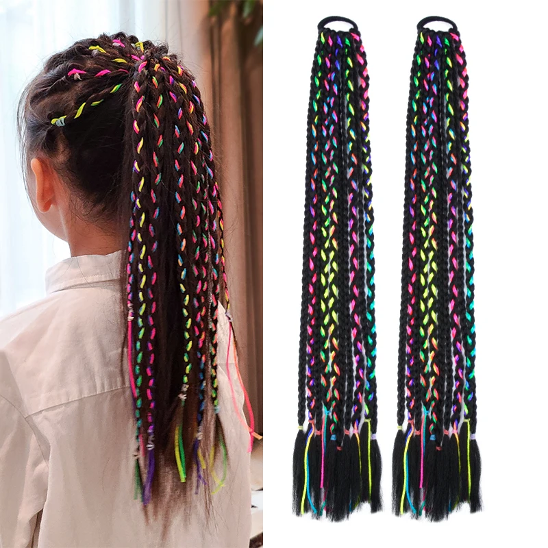 

24inch Girls Colored Box Braided Ponytail With Elastic Rubber Band Hair Extensions Rainbow Color Kids Box Wig Pigtail Hairpiece