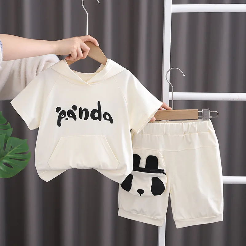 

Baby Summer Clothes 2024 New Korean Fashion Cartoon Childrens Hooded Letter Short Sleeve T-shirt Tops and Shorts Baby Boys Sets