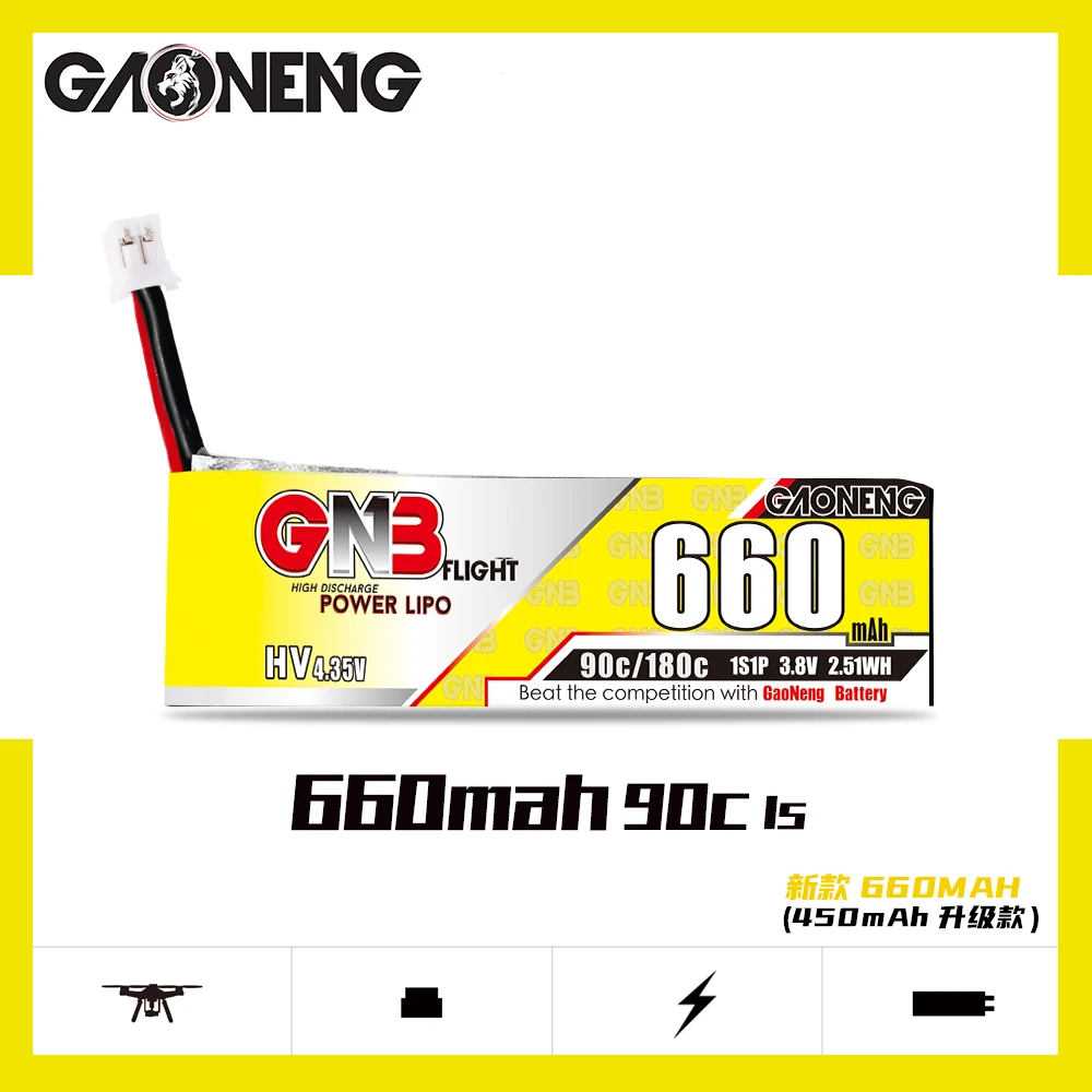 Gaoneng GNB 660mAh 3.8V 1S 90C/180C HV 4.35V Lipo With PH2.0 Plug For Emax Tinyhawk King Kong Ldarc TINY7
Gaoneng GNB 660mAh 3.8V 1S 90C/180C HV 4.35V Lipo With PH2.0 Plug For Emax Tinyhawk King Kong Ldarc TINY7
