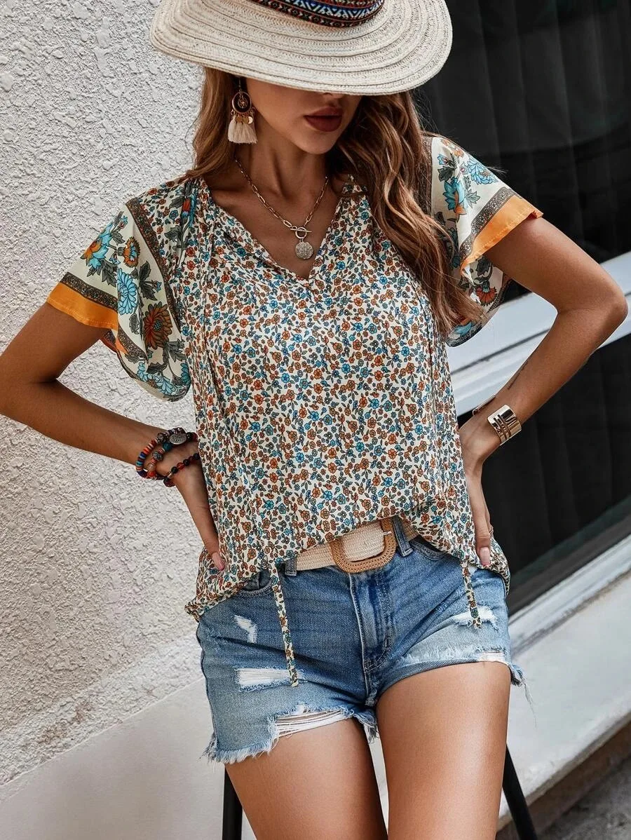 Youth Women's Cotton Top Shirt Summer Street Leisure Ethnic Style Printed V-neck Short Sleeve Loose Shirt Blusas Amplias Mujer
Youth Women's Cotton Top Shirt Summer Street Leisure Ethnic Style Printed V-neck Short Sleeve Loose Shirt Blusas Amplias Mujer