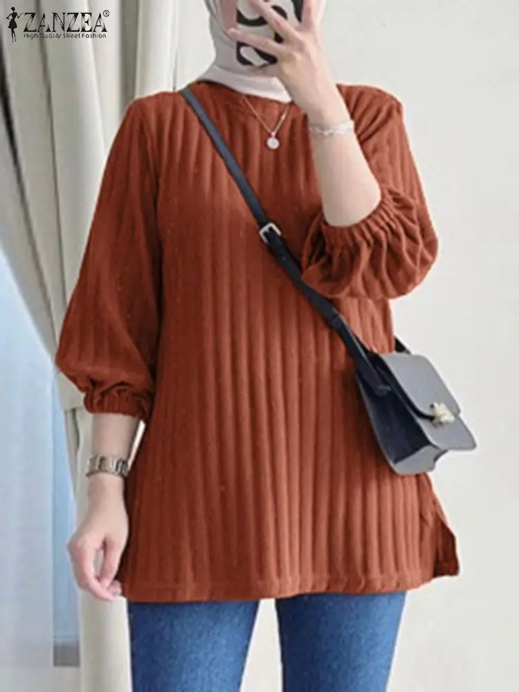 

Модная женская однотонная Рабочая блузка ZANZEA, повседневная мусульманская одежда, свободная туника, женская летняя рубашка с рукавом 3/4, топы в рубчик