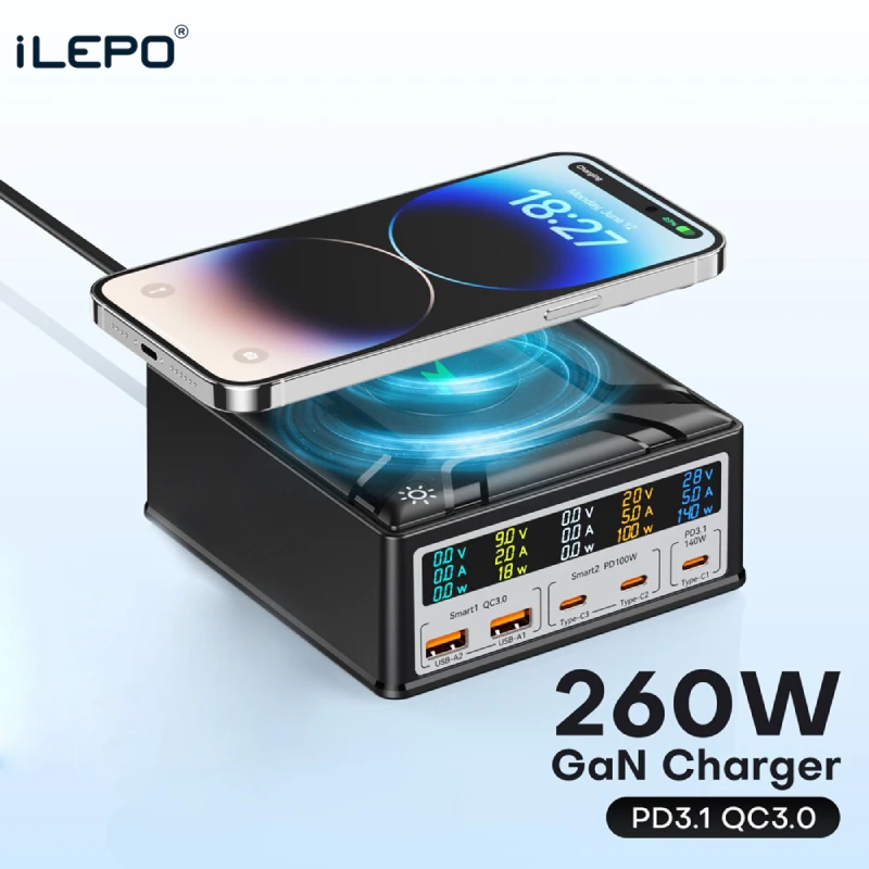 

260W GaN Charger Digital Display Desktop USB Type C Wireless Charger 140W PD3.1 PPS QC3.0 Quick Charger For Laptop Tablet Phone