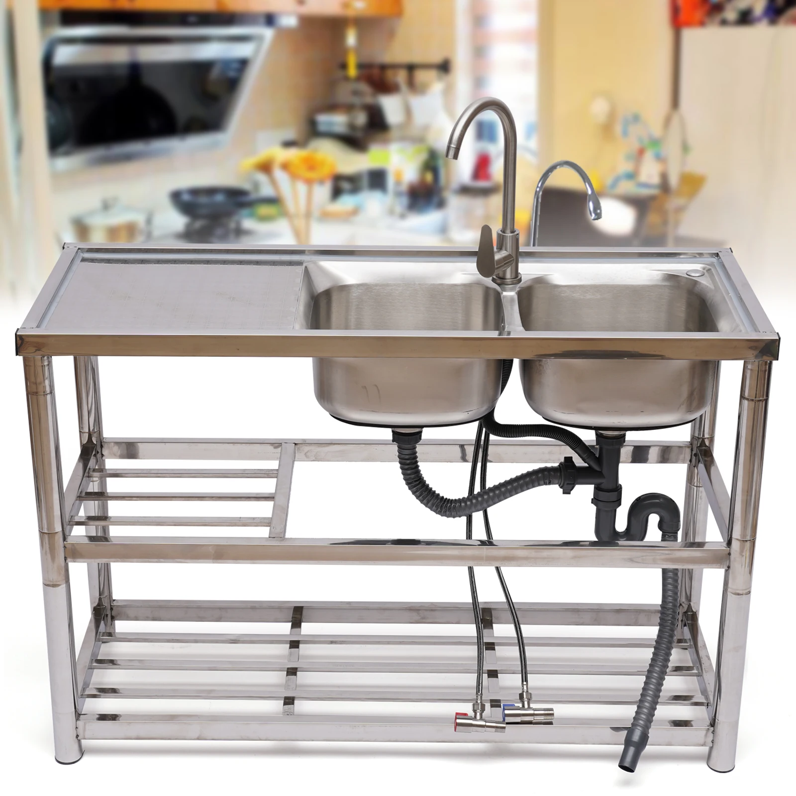 

2 Compartment Stainless Steel Commercial Kitchen Restaurant Utility Sink Dish Washing Disinfection Pool With Standing Rack