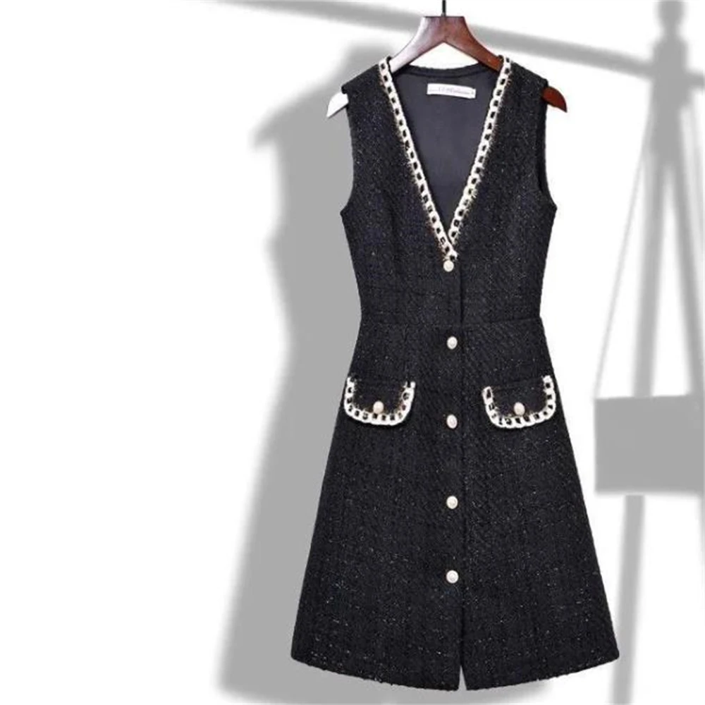 

Party Vestido For Women 2024 Autumn Winter Woolen Robe Gilet Thicken Women Vest Dress Chic Slim Office A-line Tweed Dresses