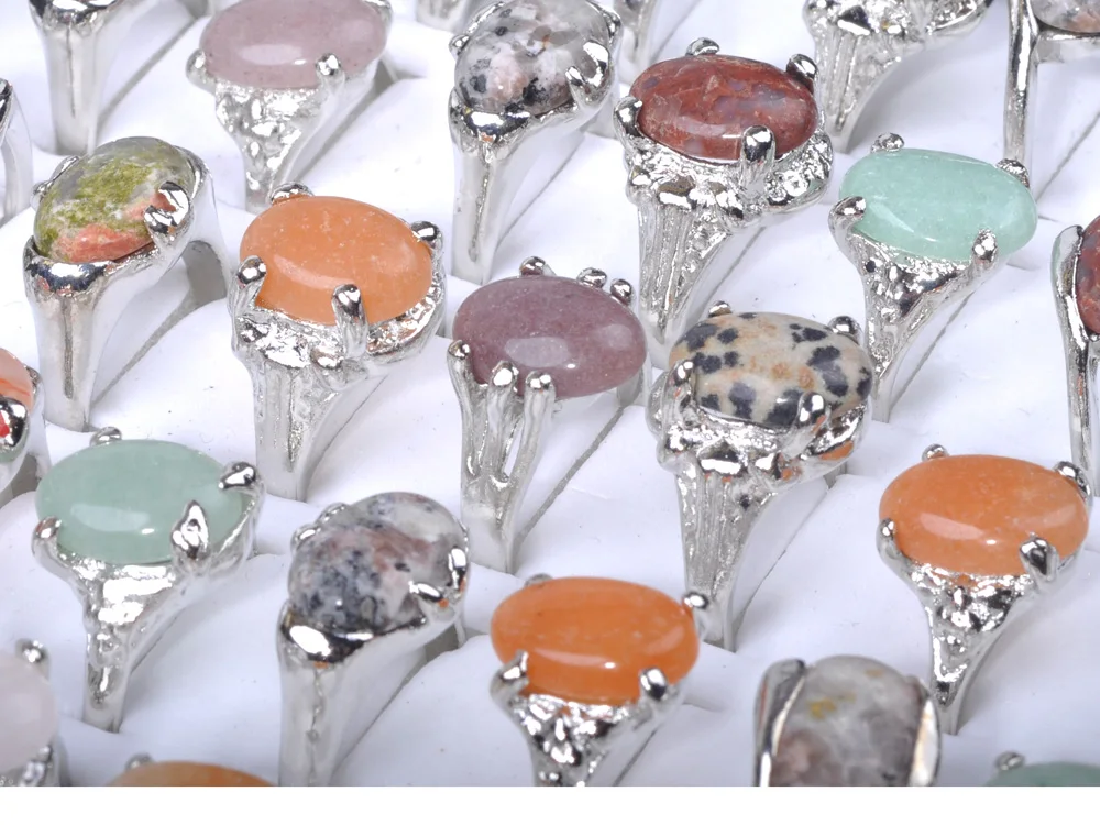 

20pcs/set Women Men Colorful Natural Stone Rings Oval Gem Stone Crystal Silver Finger Ring Jewelry Wholesale звенеть