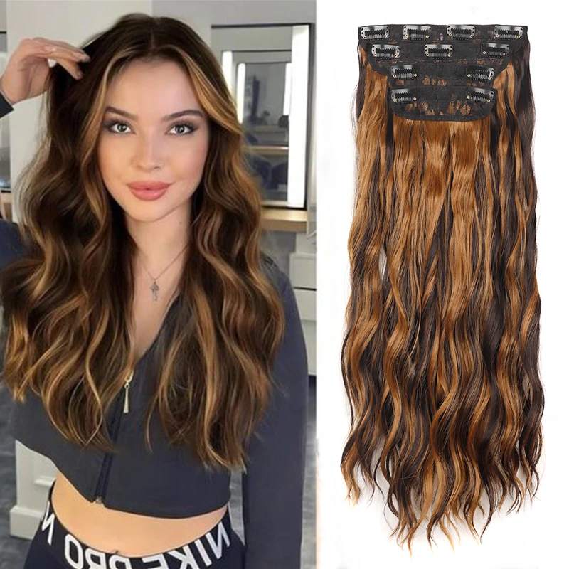 

20 Inch Natural Wave Clip in Fake Hair for Women Long 4pcs/set Curly Hairpiece Extensions Ombre Blonde Synthetic Clip False Hair