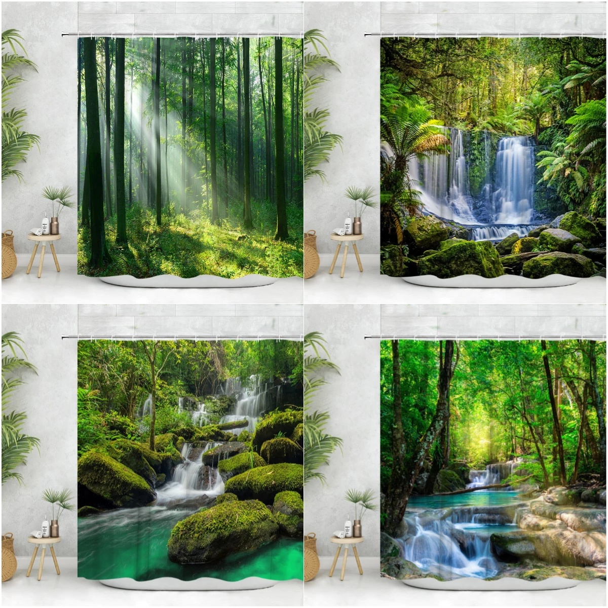 

Scenic Forest Shower Curtain Modern 3D Rainforest Green Outdoor Waterfall Natural Landscape Sun Bathroom Decor Curtain Washable