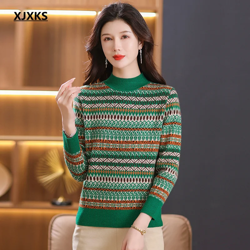 

XJXKS 2024 Winter New Wool Knit Pullover Fashion Striped Women's Turtleneck Sweaters Jumper Temperament Comfortable Knitwears