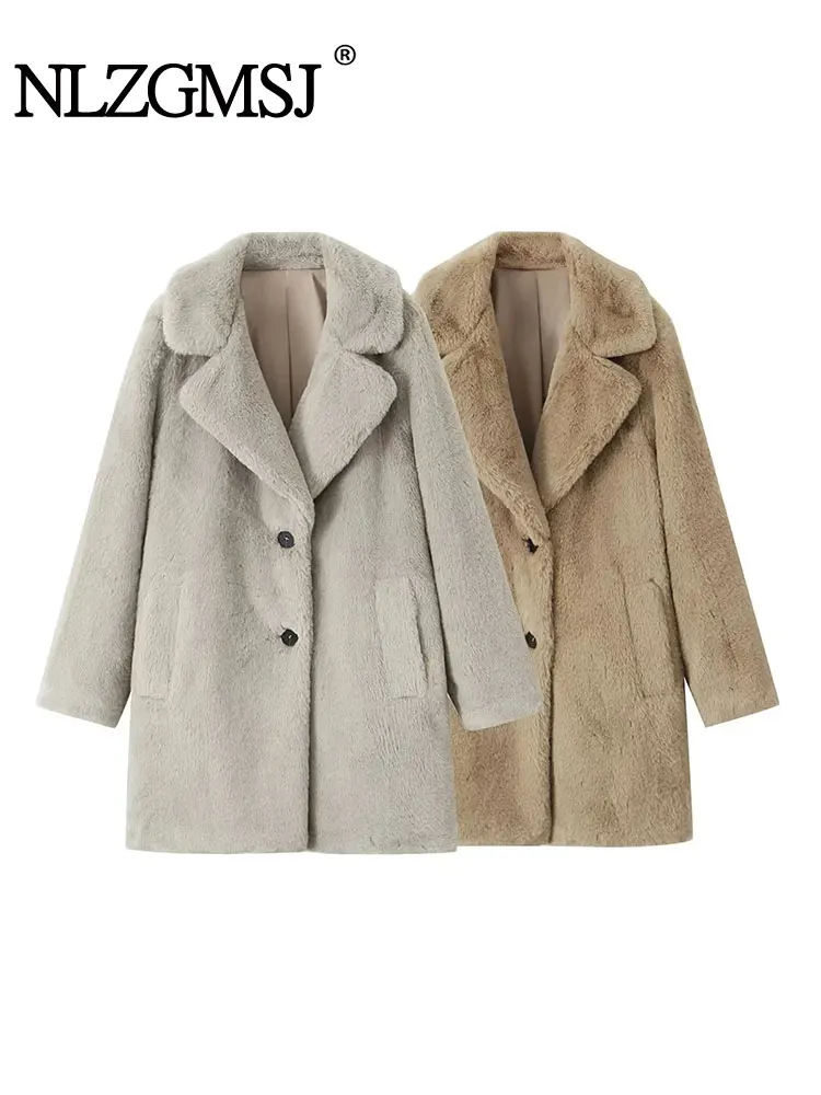 

Nlzgmsj TRAF 2023 New Autumn Winter Women two-tone Single Breasted Faux Fur Coat Long Sleeve Streets Fashion Outwear Tops