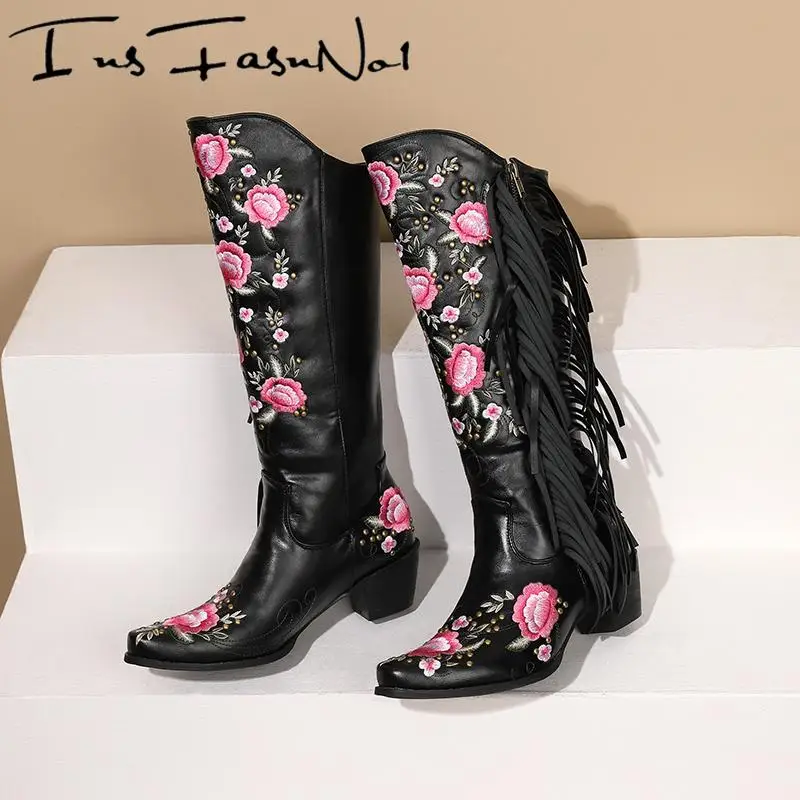 Retro Western Style Embroidery Pointed Toe Women Boots Tassel Flower High Heels Mixed Color Slip On Fashion Cowboy Female Shoes
Retro Western Style Embroidery Pointed Toe Women Boots Tassel Flower High Heels Mixed Color Slip On Fashion Cowboy Female Shoes