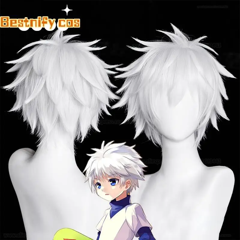 

Killua Zoldyck Cosplay Wig Anime Hunter x Hunter Cosplay Short White Shaggy Layered Wigs Heat Resistant Hair Wigs + Wig Cap