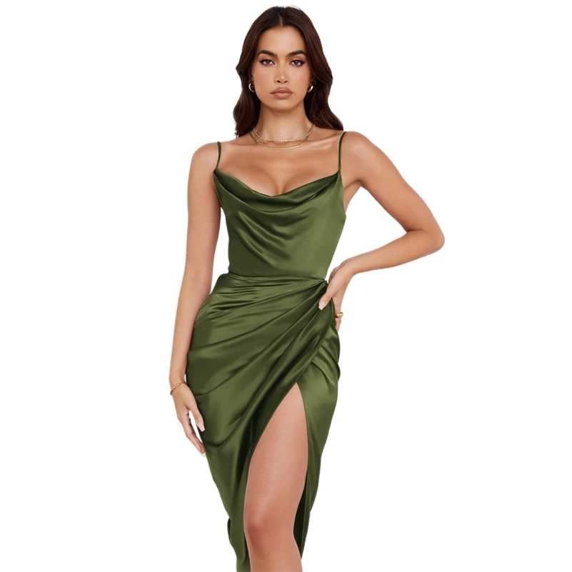 

Sexy Satin Slip Midi Dress Women Backless High Slit Spaghetti Strap Party Dress Summer Elegant Asymmetrical Folds Vestidos 2024