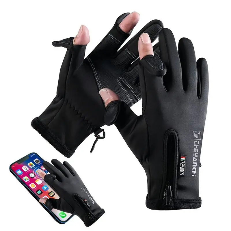 

Winter Biking Gloves Reflective Waterproof Warm Mittens Non-Slip Fishing Gloves With Fleece Lining Leakage Two Finger Thickened