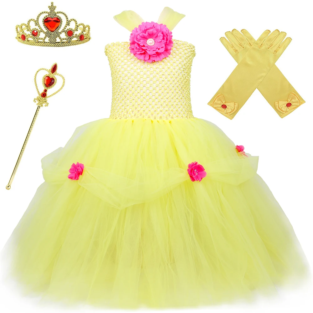 

Girls Belle Princess Tutu Dress Tulle Flower Girl Birthday Party Gown Dress Beauty and The Beast Halloween Costume for Kids 1-14