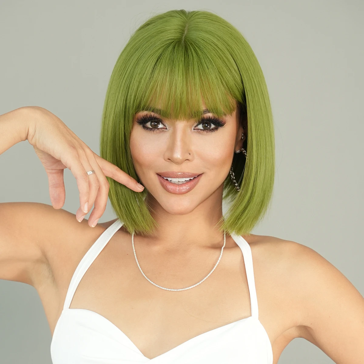 

7JHH WIGS Short Straight Green Bob Wig With Neat Bangs High Density Synthetic Heat Resistant Wigs Party Use Beginner Friendly