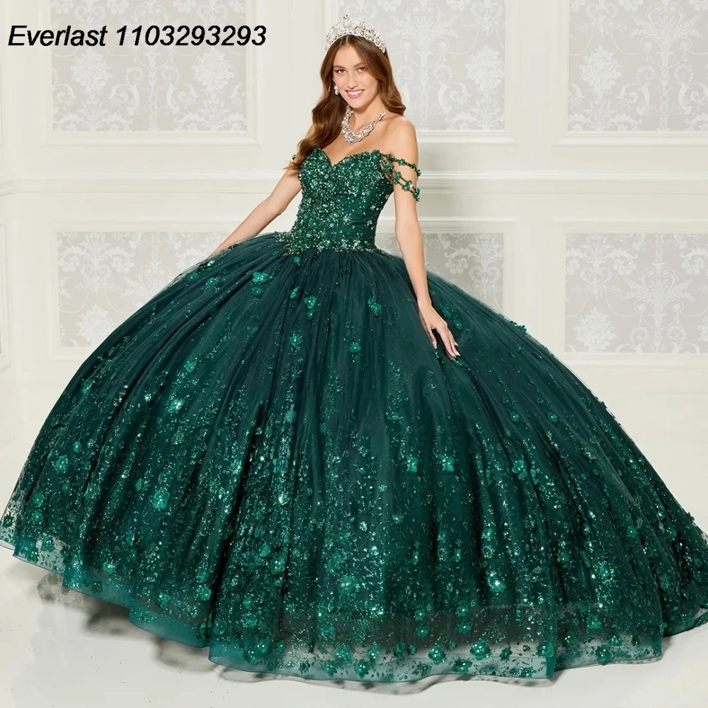 

EVLAST блестящее изумрудно-зеленое платье Quinceanera бальное платье с аппликацией бисером кристаллами открытыми плечами милое 16 лет платье 15 лет TQD214
