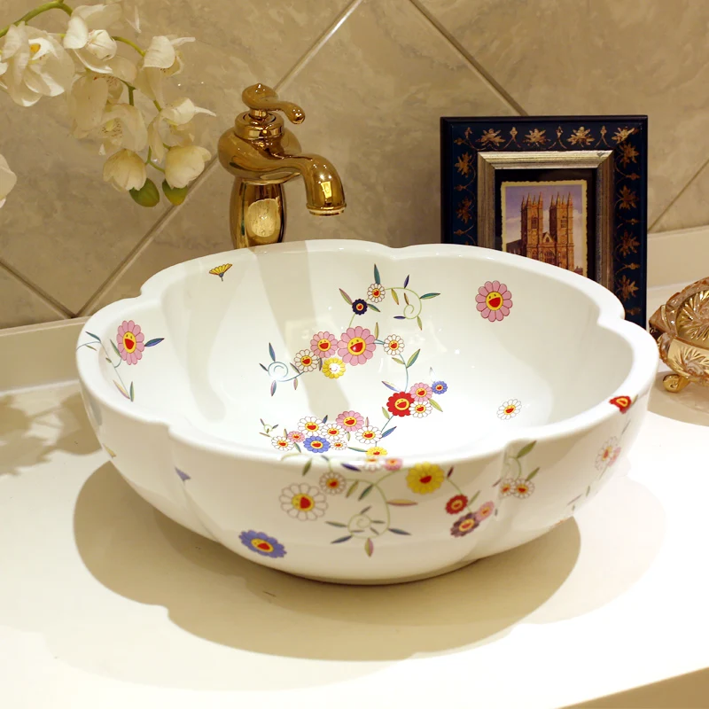 

Europe Style Handmade Flower Shape ceramic sink Countertop Ceramic Basin sinks Bathroom Sink washing Bowl Faucet Drain Combo