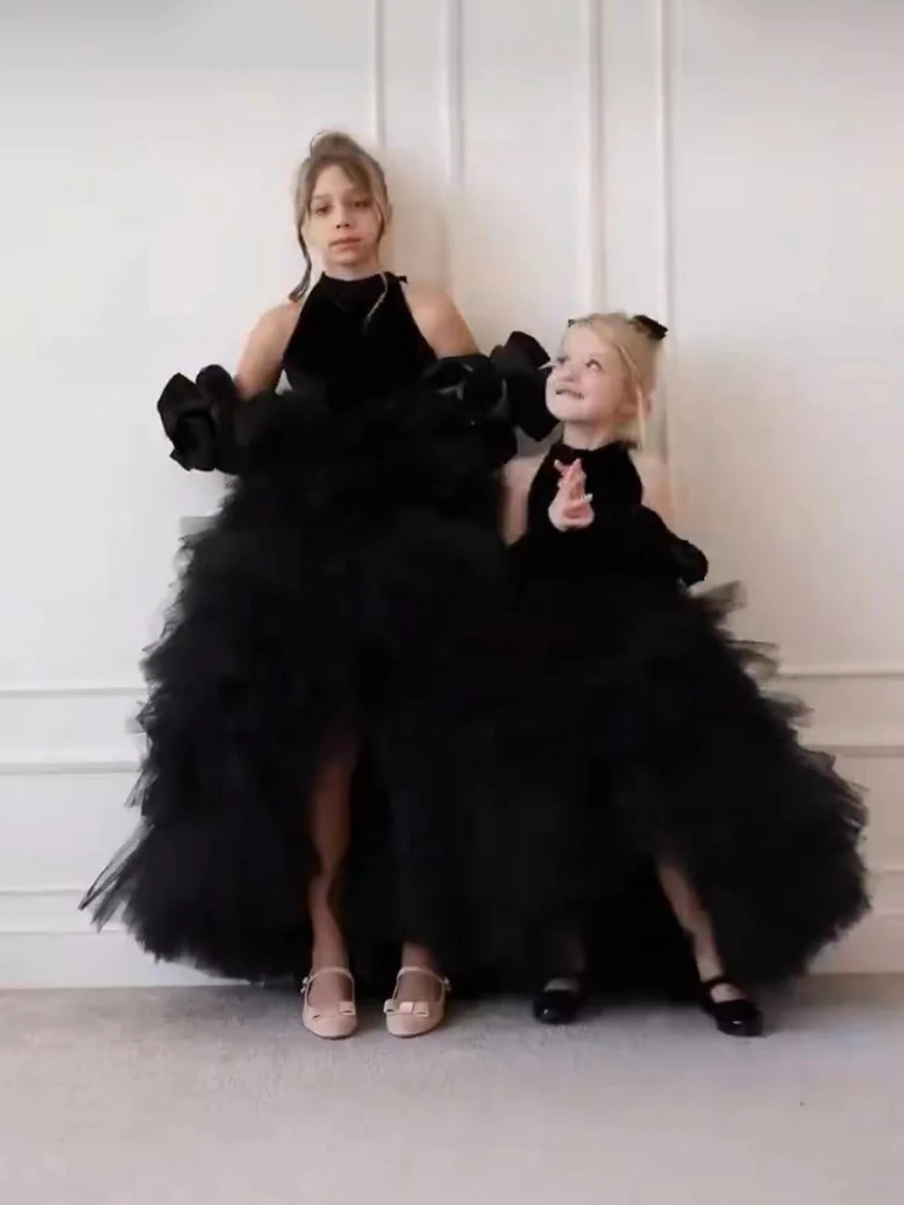 

Black Layered Flower Girl Dress For Wedding Tulle Puffy Kids Ball Gowns Princess Birthday Party First Communion Dresses
