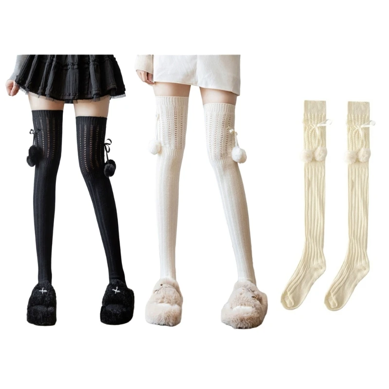 

Women Sweet Rib Knitted Stockings Cute Plush Bowknot Student Girl Thigh High Long Socks Autumn Winter Over Knee Socks Leg Warmer