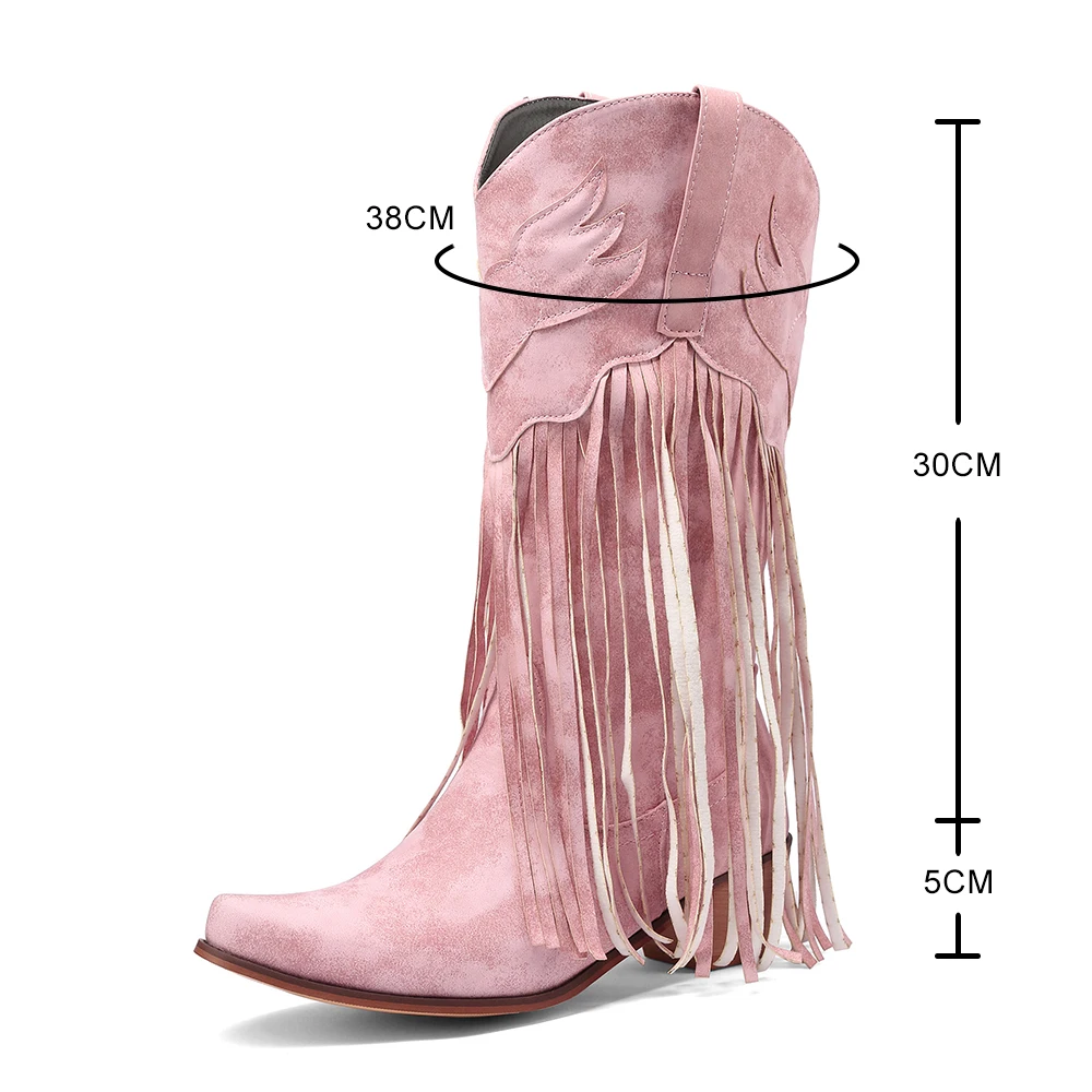 

Pink Tassels Fringe Mid-Calf Western Cowboy Boots For Women 2023 Vintage Retro Point Toe Cowgirl Booties Slip On Shoes Blue