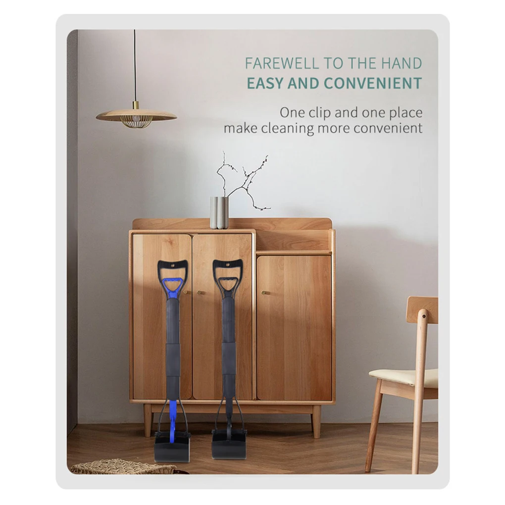 Dog Poop Scooper | Jaw Clamp Heavy Duty Poop Scooper Two pooper scoopers, one blue and one black, leaning against a modern wooden cabinet in a minimalist living room. The image illustrates how the slim design allows the tool to blend into home decor without taking up much space.