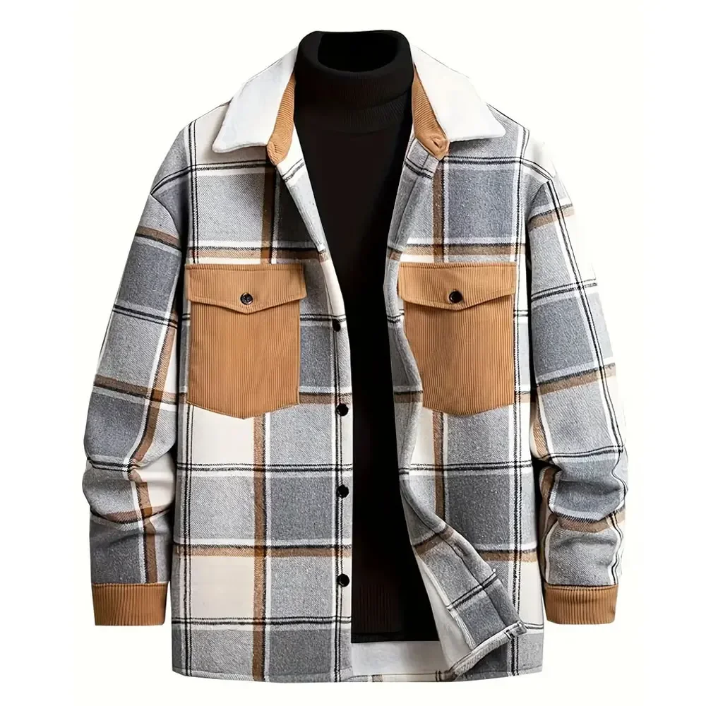 

Мужская клетчатая куртка с карманами, Повседневная модная мужская рубашка большого размера, куртка для весны, осени и зимы, мужская одежда