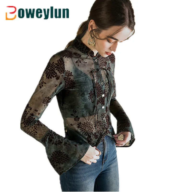 

Boweylun Spring New Chinese Style Lapel Shirt Women Printed Flocked Petal Sleeve See-Through Long Sleeve Top Female