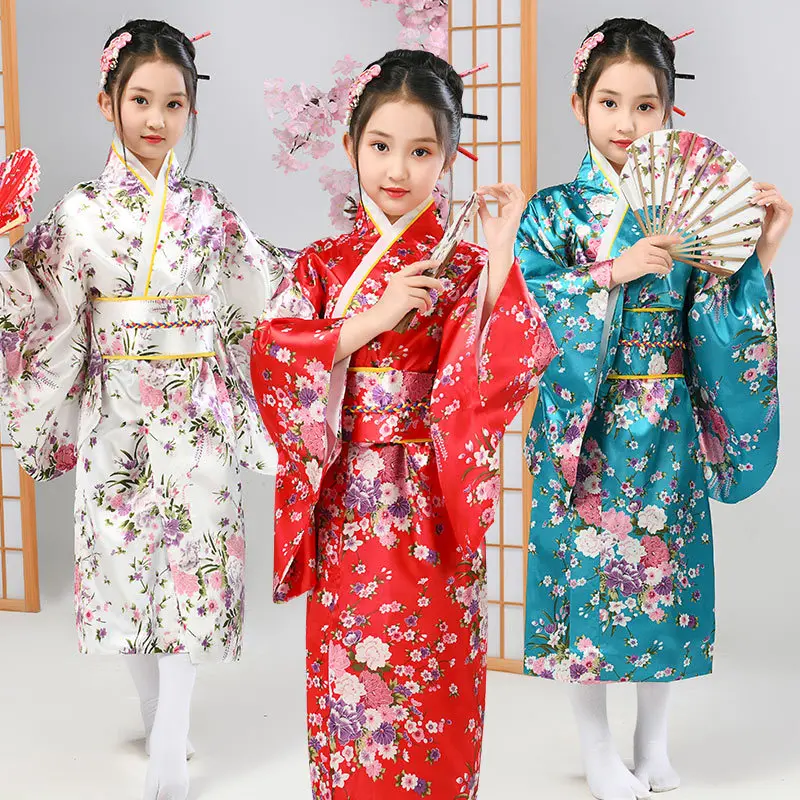 

Children Satin Silk Kimono Traditional Japanese Style Peacock Yukata Dress For Girl Kid Cosplay Japan Haori Costume Asian Clothe