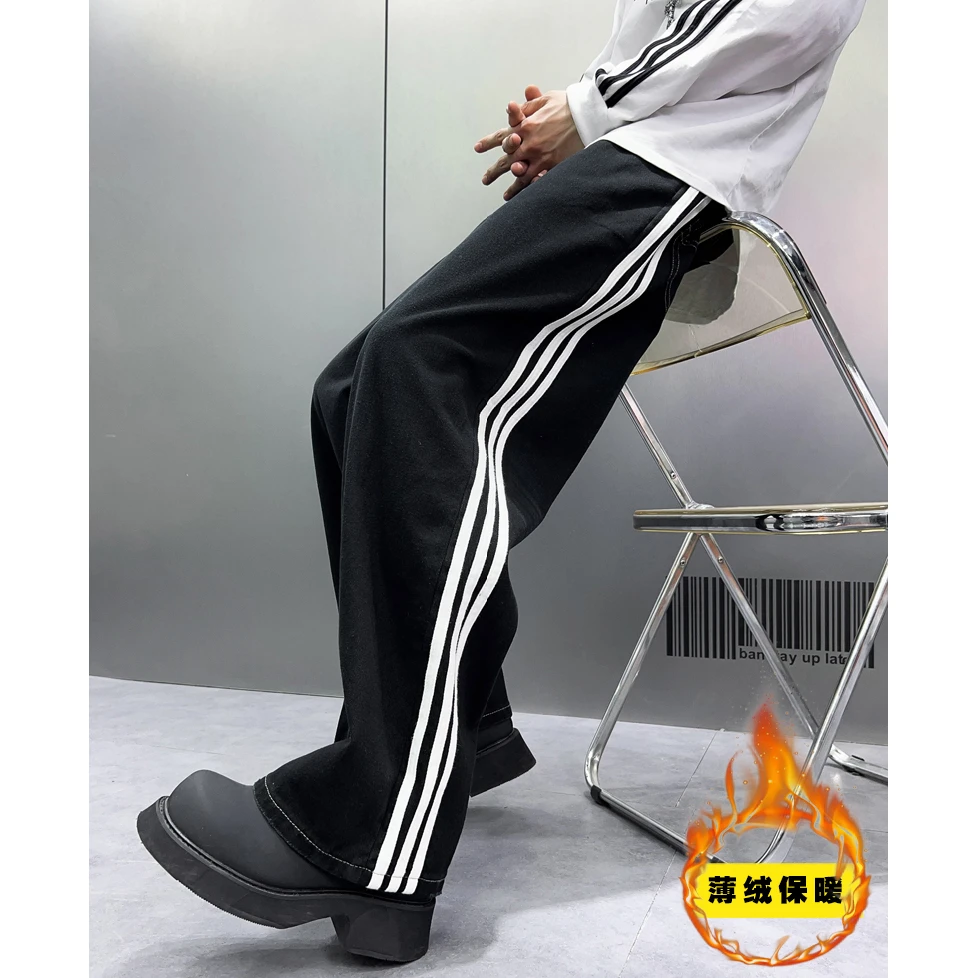 

Thermal Jeans Men Smart Casual White Stripe Patched Wide Denim Pants Thin Fleece Black Baggy Jeans