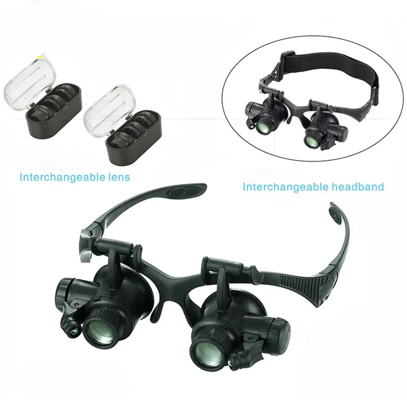 

Magnifying Glasses Reading Illuminated Magnifier 10X 15X 20X 25X Head-Mounted Microscope with 2Led for Jeweler Loupe Craft