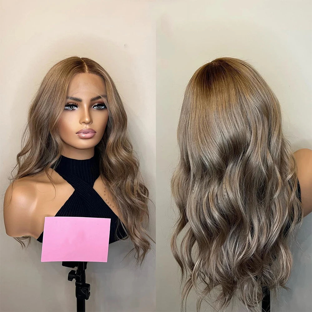 

Medium Blonde Brown Balayage Highlights Full Lace Wig Dark Roots Glueless HD 13x6 Lace Frotnal Wig Slightly Wavy Women Wigs 200%