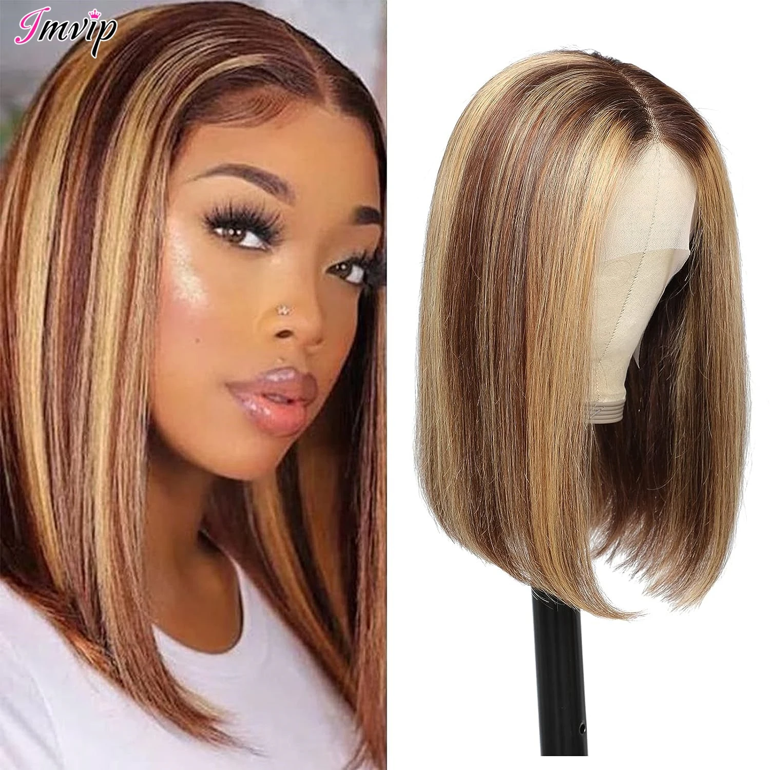 

IAMVIP HD Lace Front Bob Wig for Women 200% Straight Short Remy Hair 13x4 P427 Highlight Color Frontal Glueless Pre Plucked New