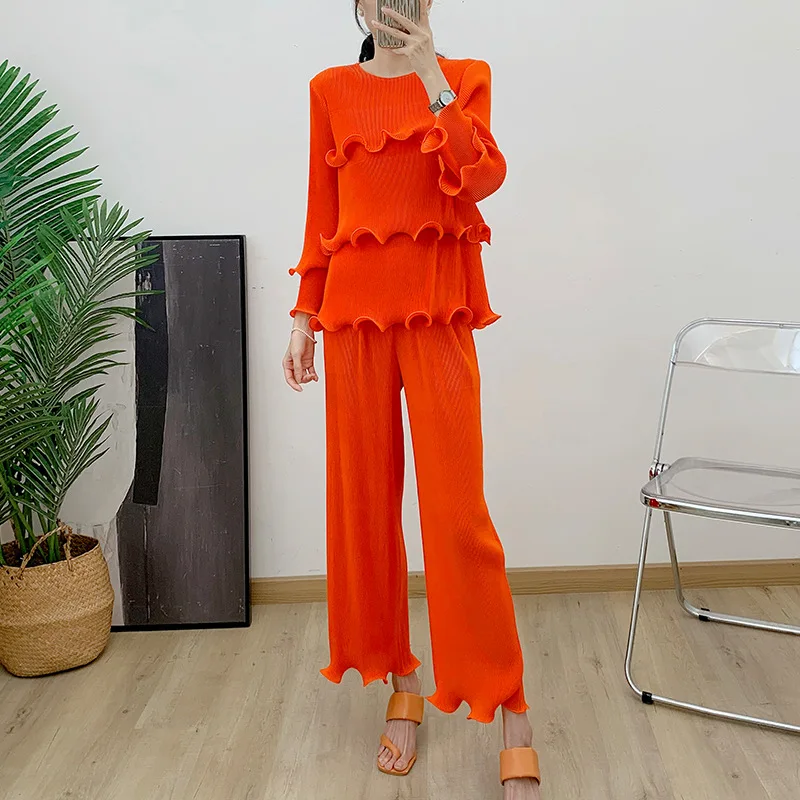 

Miyake Fold Fashion Design Sense Set Spring Autumn New Wooden Ear Edge Top + Straight Pants with Two Piece Sets Womens Outifits