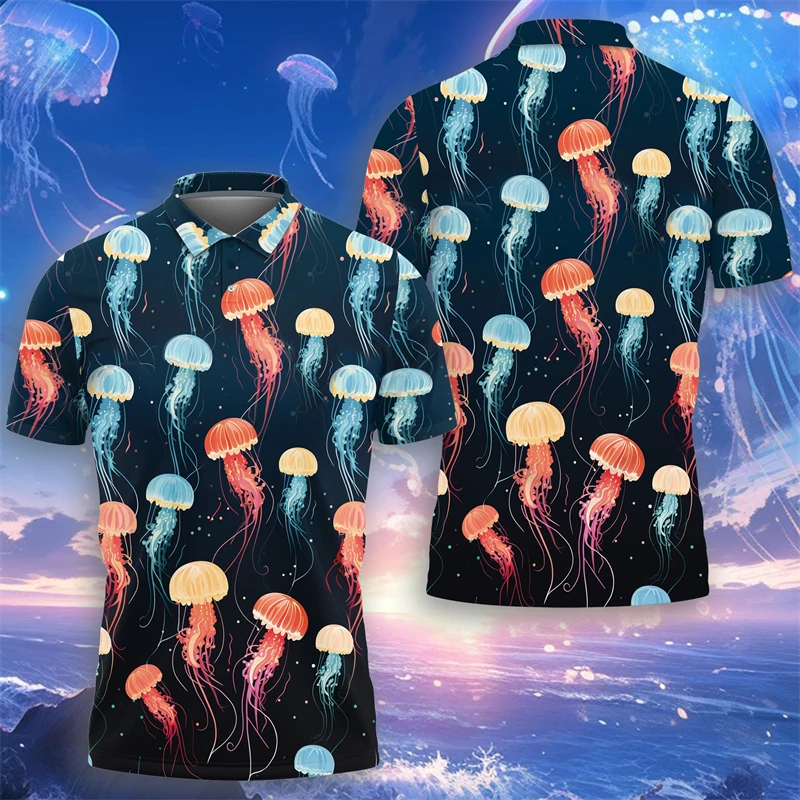 

Beautiful Jellyfish 3D Print Polo Shirts For Men Hawaii Vacation Beach Short Sleeve POLO Shirt Marine Animals Jelly Fish Tops