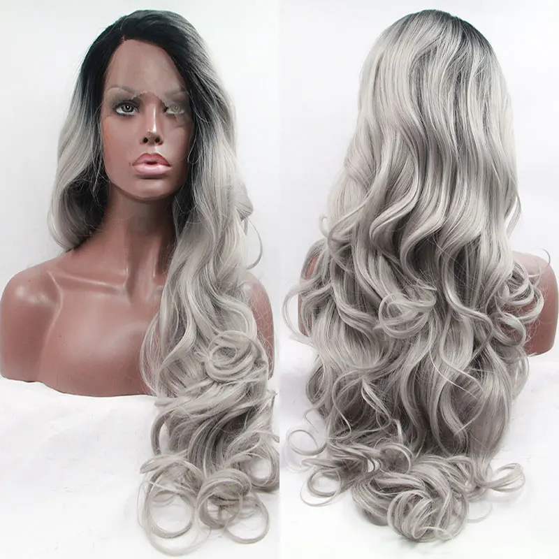 

Bombshell Black Ombre Grey Body Wave Synthetic Lace Front Wigs Pre Plucked Hairline High Quality Heat Resistant Fiber For Women