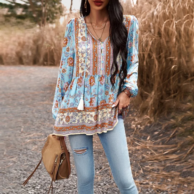 Women's Loose Printed Single-Breasted Shirt Autumn Winter New Blouse Top Women's Vintage V-neck Long Sleeve Lantern Sleeve Shirt
Women's Loose Printed Single-Breasted Shirt Autumn Winter New Blouse Top Women's Vintage V-neck Long Sleeve Lantern Sleeve Shirt
