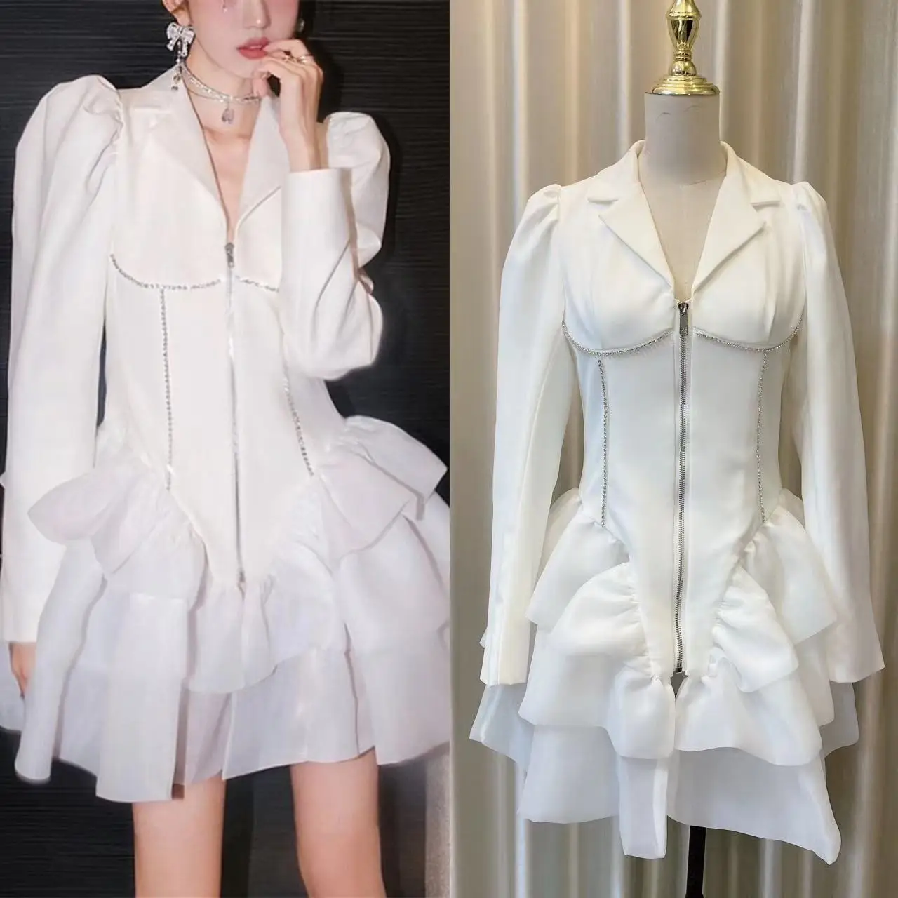 French Spring White Ruffles Cake Party Mini Dress Designer Women Notched Collar Puff Sleeve Zipper Diamonds Blazer Prom Dresses
French Spring White Ruffles Cake Party Mini Dress Designer Women Notched Collar Puff Sleeve Zipper Diamonds Blazer Prom Dresses