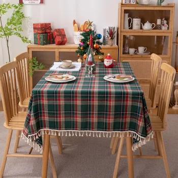 가족 모임 레스토랑용 크리스마스 식탁보, 녹색 격자 무늬, 사진 분위기, 휴양지 가정용 섬유 2024, 새해 테이블 커버