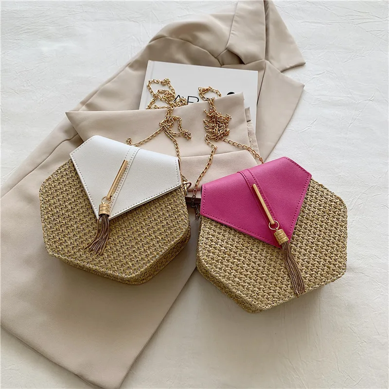 Hexagon Straw & Leather Handbag - Bohemian Woven Beach Shoulder Bag 22 S49ced9b93e8d43f783233ff54e6ae0a5v