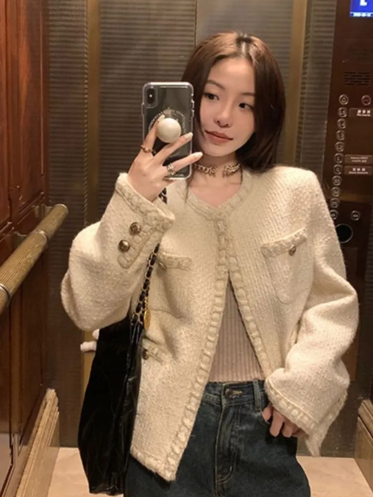 

Beige Women's tweed jacket fragrance, autumn/winter jacket top, new One piece classic jacket